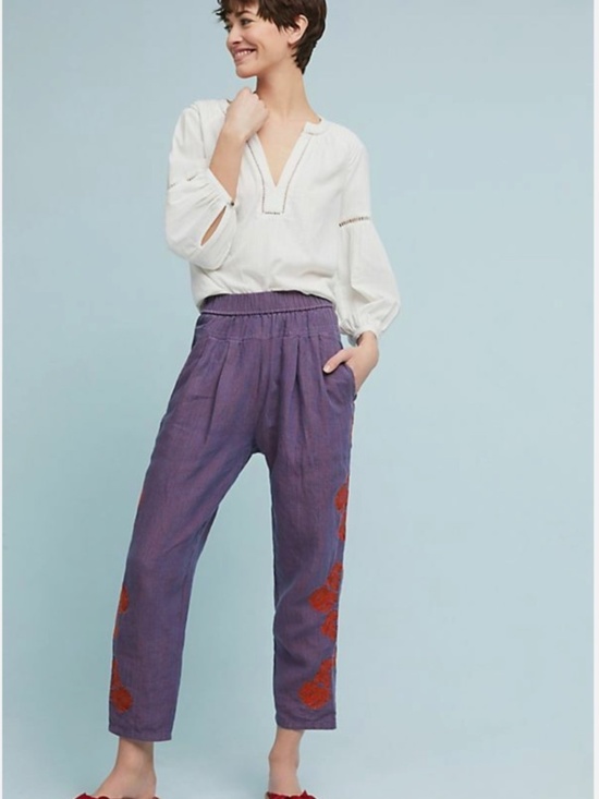 Anthropologie Pants - by Anthropologie Linen Floral Embroidered High Rise Relaxed Pants Size MP